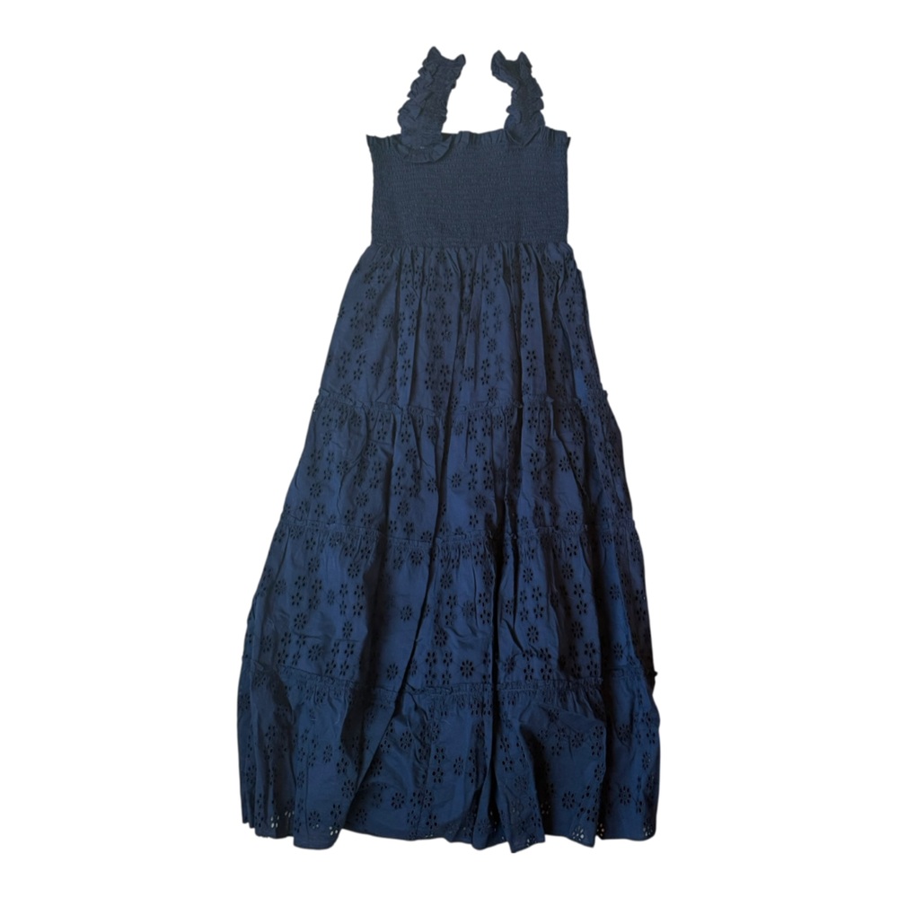 Quince 100% Organic Cotton Eyelet Smocked Midi Dress Sz M Deep Navy NEW - Picture 3 of 4